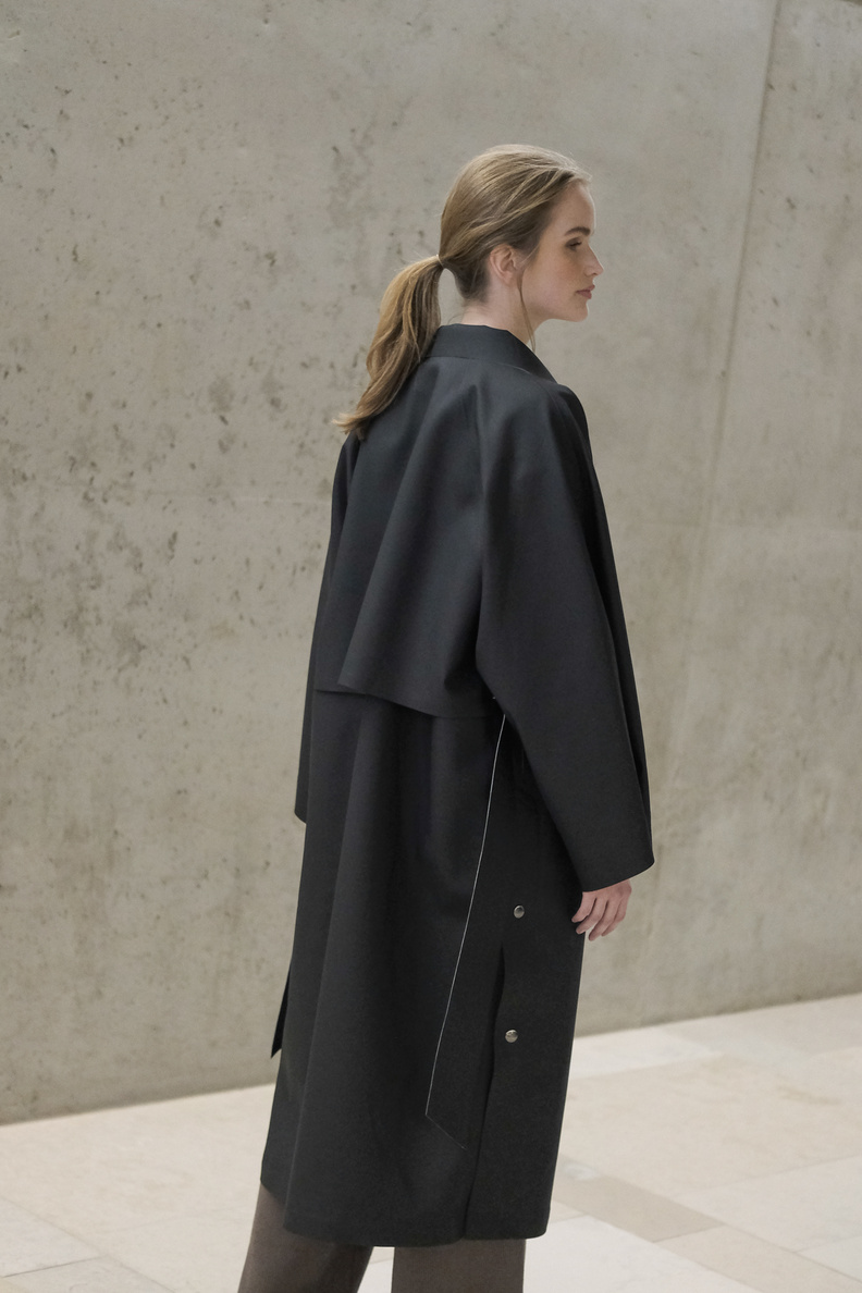 kassl editions coat kimono below rubber black belt 